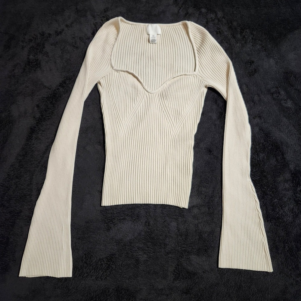 HM Cream Ribbed Sweetheart Neckline Flare Sleeve Knit Top womens Small